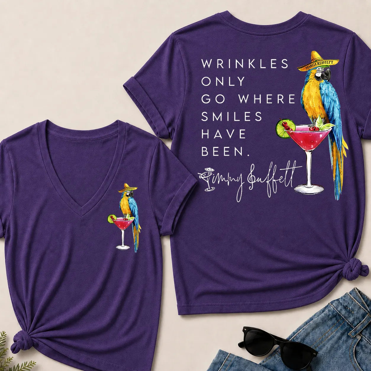 Wrinkles Only Go Where Smiles Have Been – Jimmy Buffett Tribute V-Neck Tee